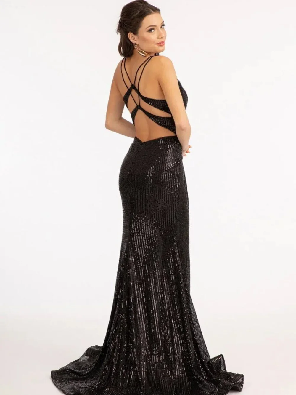 NEW BLACK Sequin & Embroidered V-Neck Prom Gown Floor Length With Slit GL3050